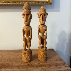 Vintage African Wood Carved Tribal Figurine Pair Light Wood 10” Boho Decor